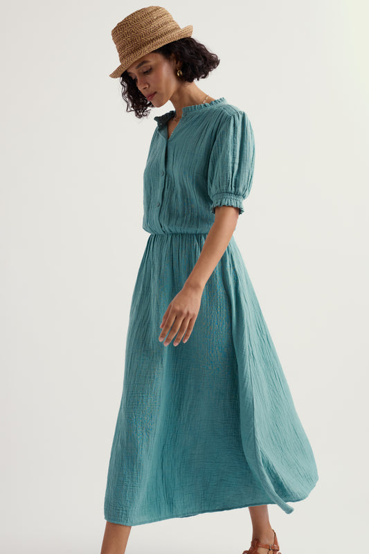 Shore Path Midikleid aus GOTS-zertifizierter Bio-Baumwolle mit halblangen Ärmeln