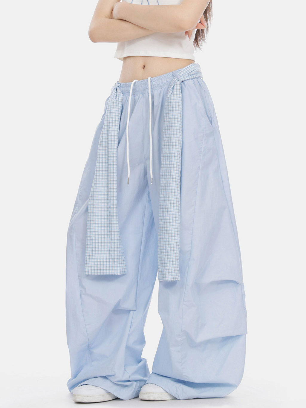 SoftEarth - Damen-Hose mit geradem Bein, Karoeinsatz und Gürtel