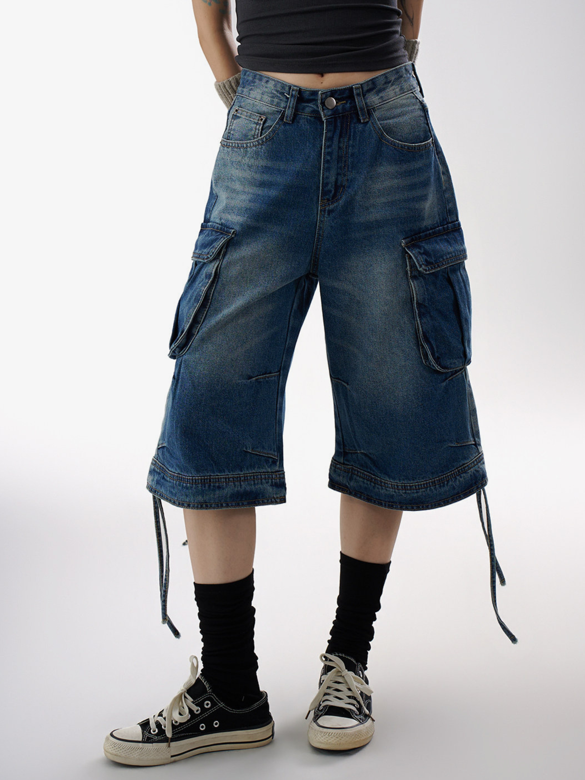 BasicLine - Damen-Cargohose aus Denim in verkürzter Länge mit vielen Taschen