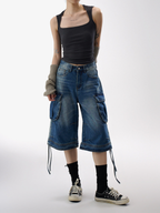 BasicLine - Damen-Cargohose aus Denim in verkürzter Länge mit vielen Taschen