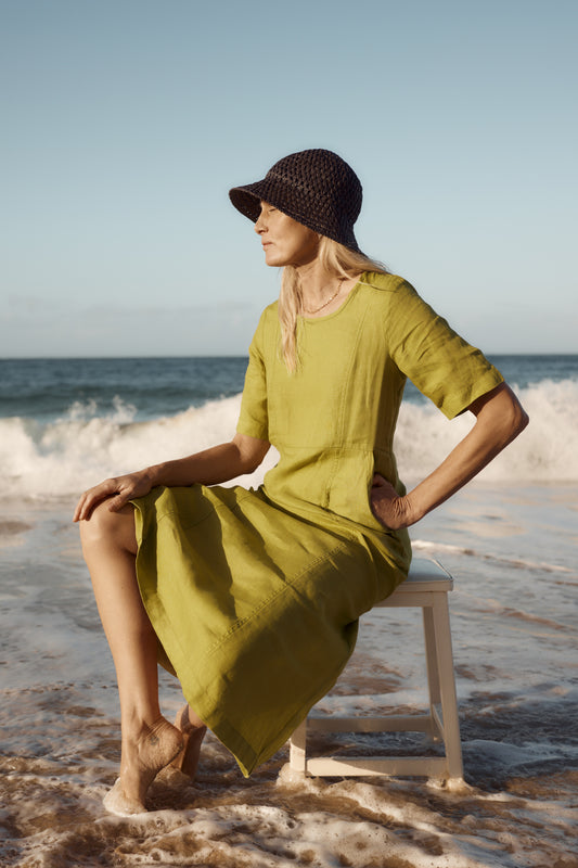 Midikleid aus Leinen in Grass Wave